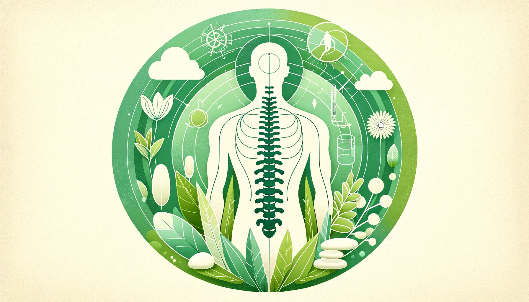 整体治療の主要な要素である体のアライメントと脊椎の健康を象徴するシンボルを含み、薄い緑の背景が自然との優しいつながりを示しています。デザインは落ち着いており、自然環境における身体的なバランスとウェルネスの感覚を伝えます。