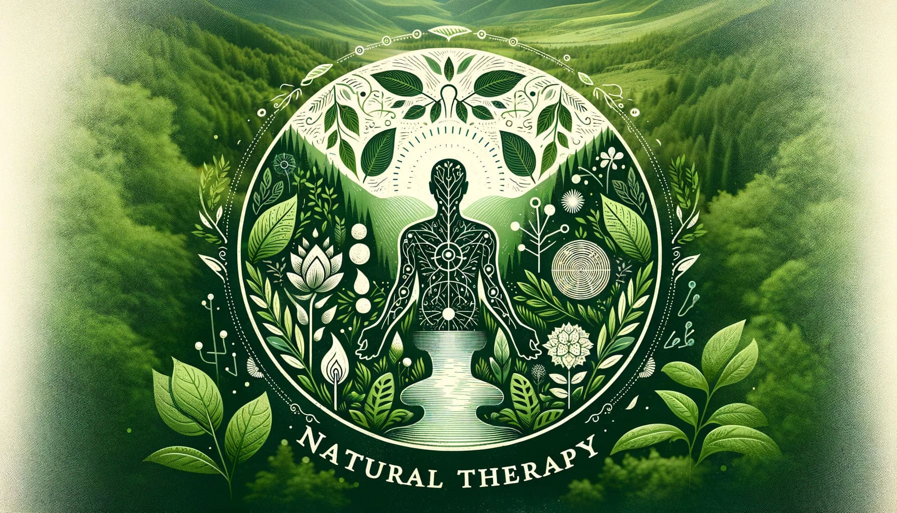 こちらが体（Body）、心（Mind）、精神（Spirit）をテーマにした自然療法のイメージです。この画像は緑豊かな自然を背景にしており、自然療法の本質である癒しと健康を象徴しています。穏やかで調和のとれたデザインは、身体、心、精神のつながりとバランスを強調し、自然の治癒力を表しています。