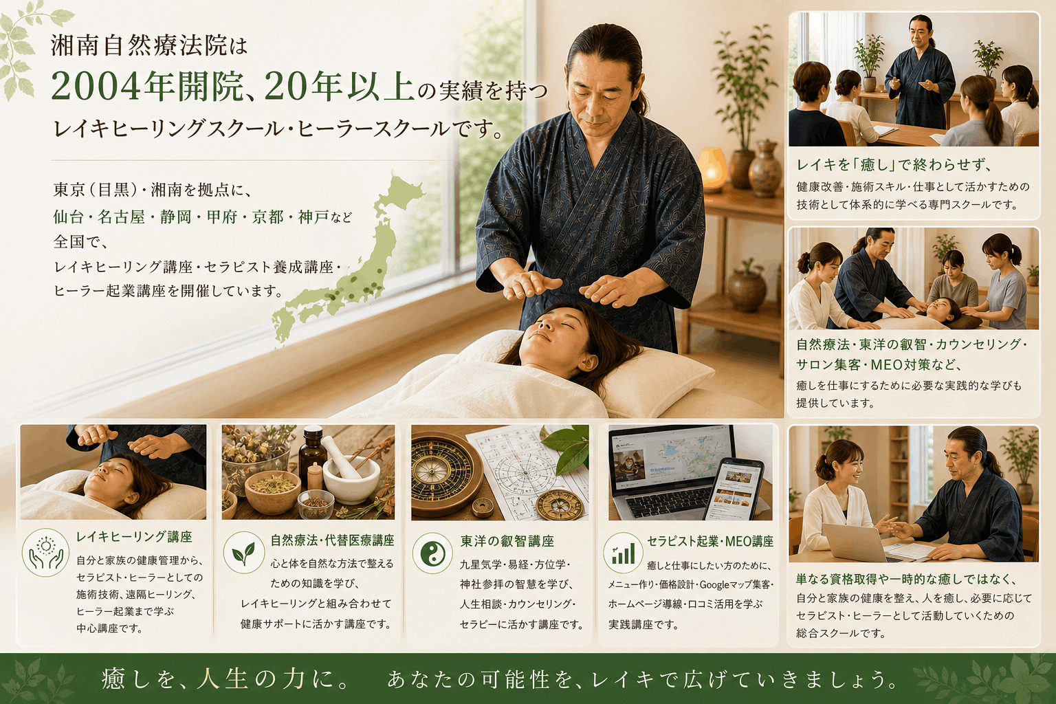 東京（目黒）・湘南を拠点に全国対応で開催しているレイキヒーリングスクールです。 湘南自然療法院では、レイキを「癒し」だけで終わらせず、自然療法・代替医療・東洋思想をベースに、心・身体・人生を整える技術として体系的に学べます。